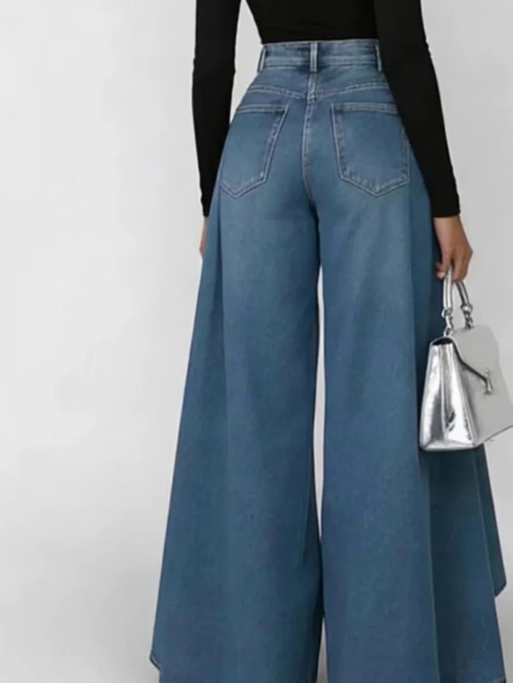 New Large Long Swing Solid Color Casual Imitation Denim Printed Straight Leg Pan